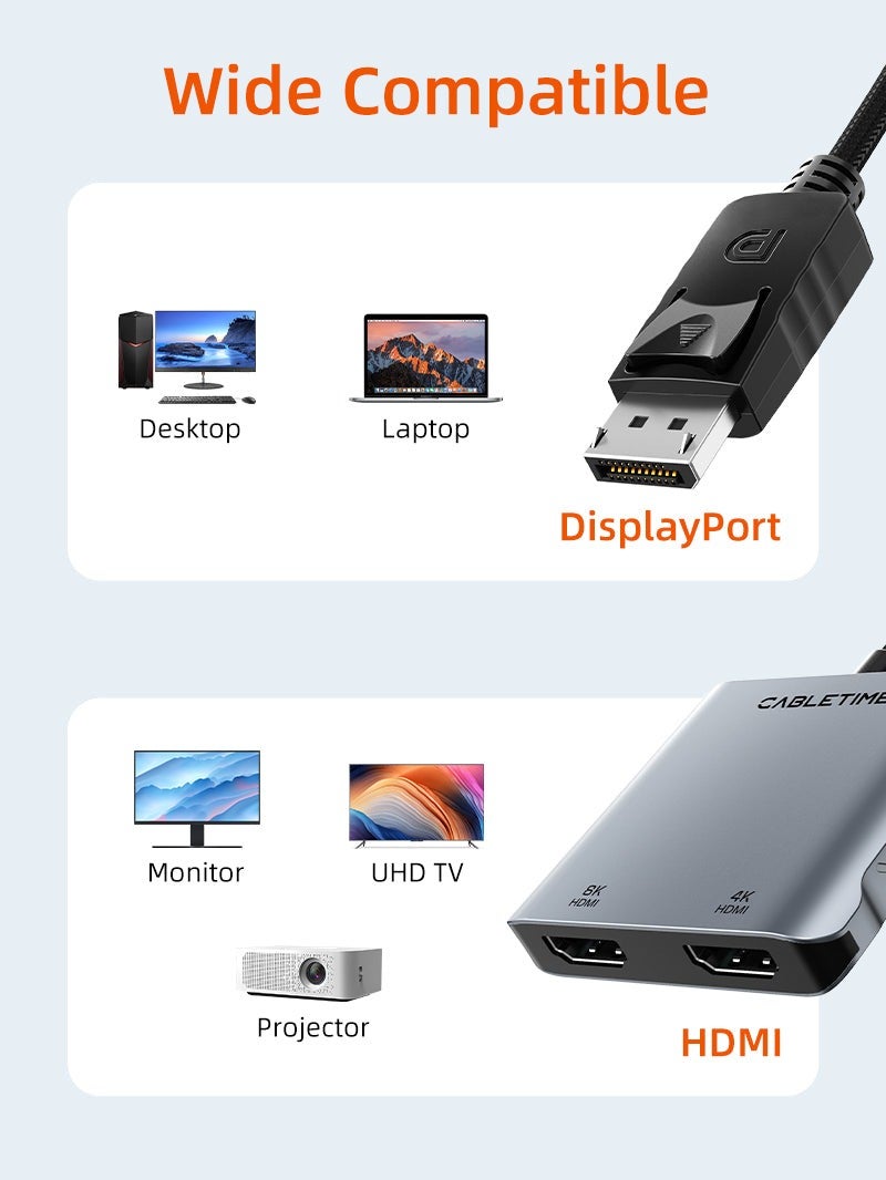كابل تايم محول DP إلى منفذي HDMI بدقة 8K، يدعم تقنية SMT - Image 2